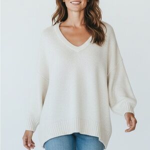 Free People Cream V-Neck Chunky Knit Sweater